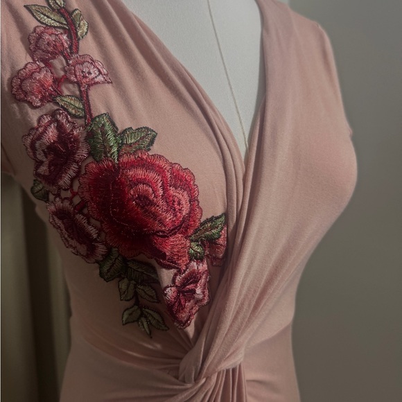 Pink Ruched Wrap Midi Dress with Plunge Neckline - Picture 2 of 2